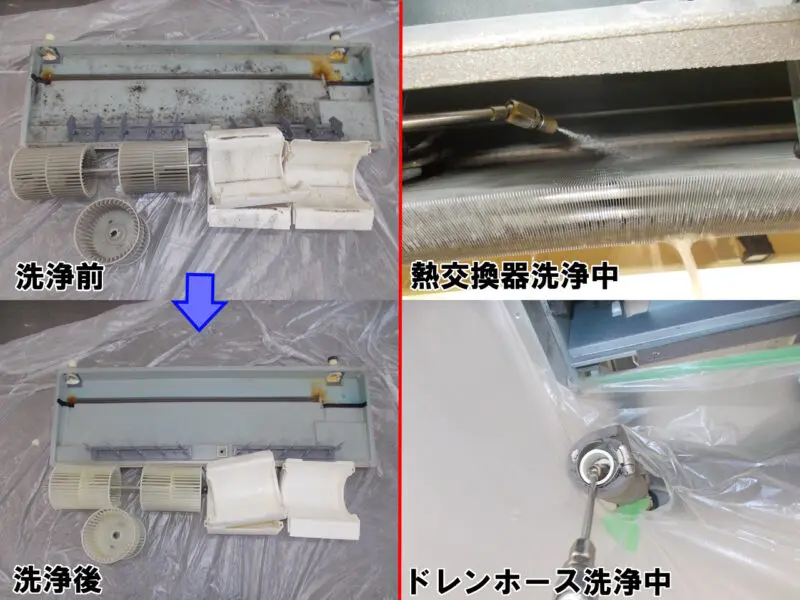 エアコン清掃前後の比較画像 飲食店（寿司屋）店舗のエアコンクリーニング（フィン）の清掃前後の